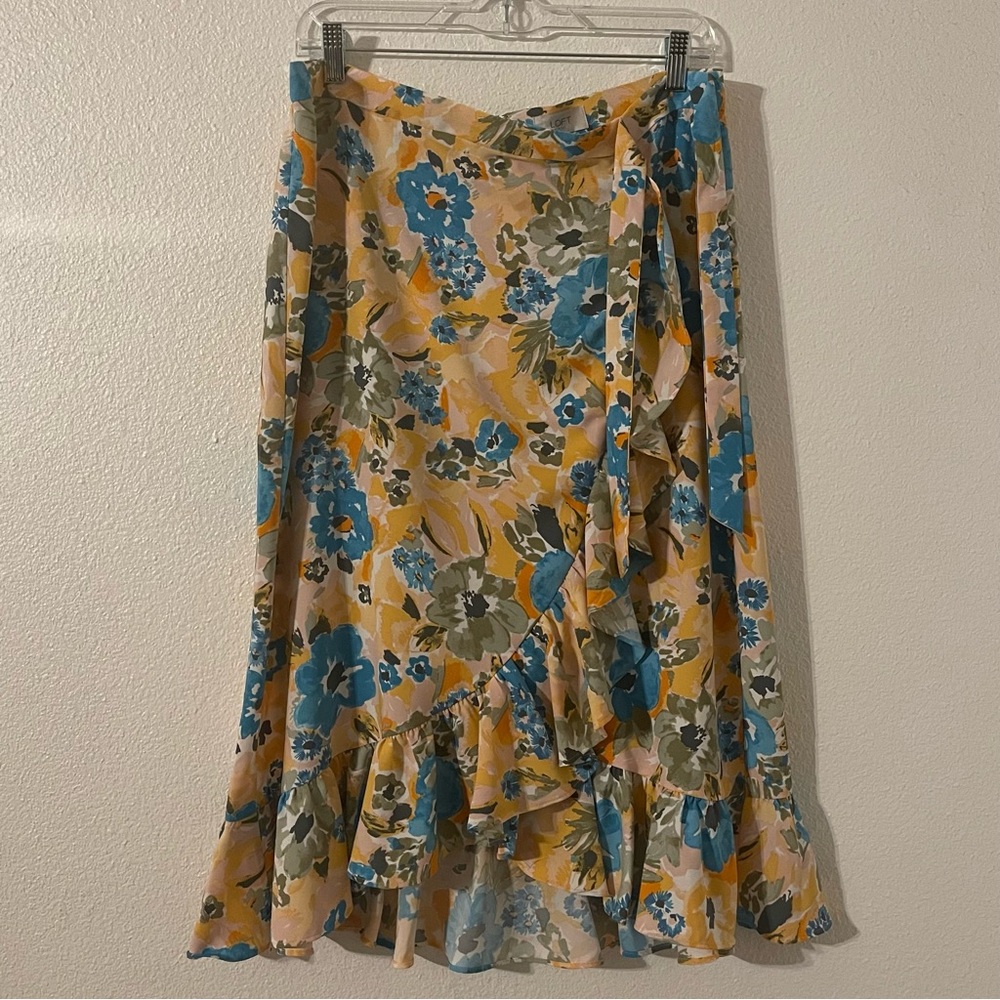 LOFT Yellow Floral Asymmetrical Wrap Skirt